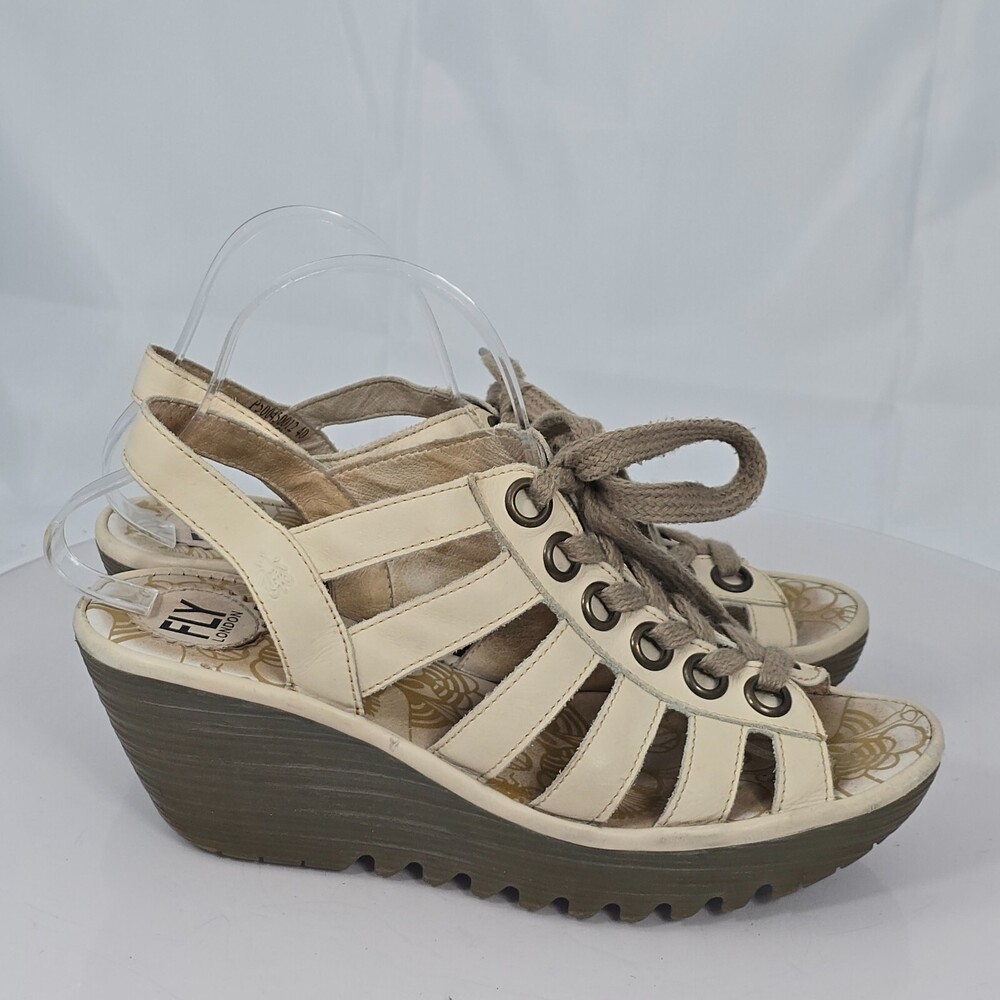 Fly London Yito 9.5/40 Ivory Leather Lace Up Wedge Heel Strappy Sandals